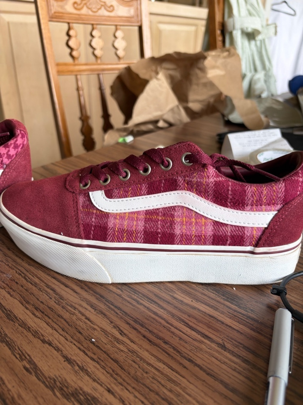 Vans Suede Platform Plaid Mix Womens Size 9 Burgundy/White Athletic Sneakers